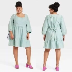 Ava & Viv Tiered Dress Tie Back‎ Balloon Sleeve A Line Acid Wash Green Size 1X